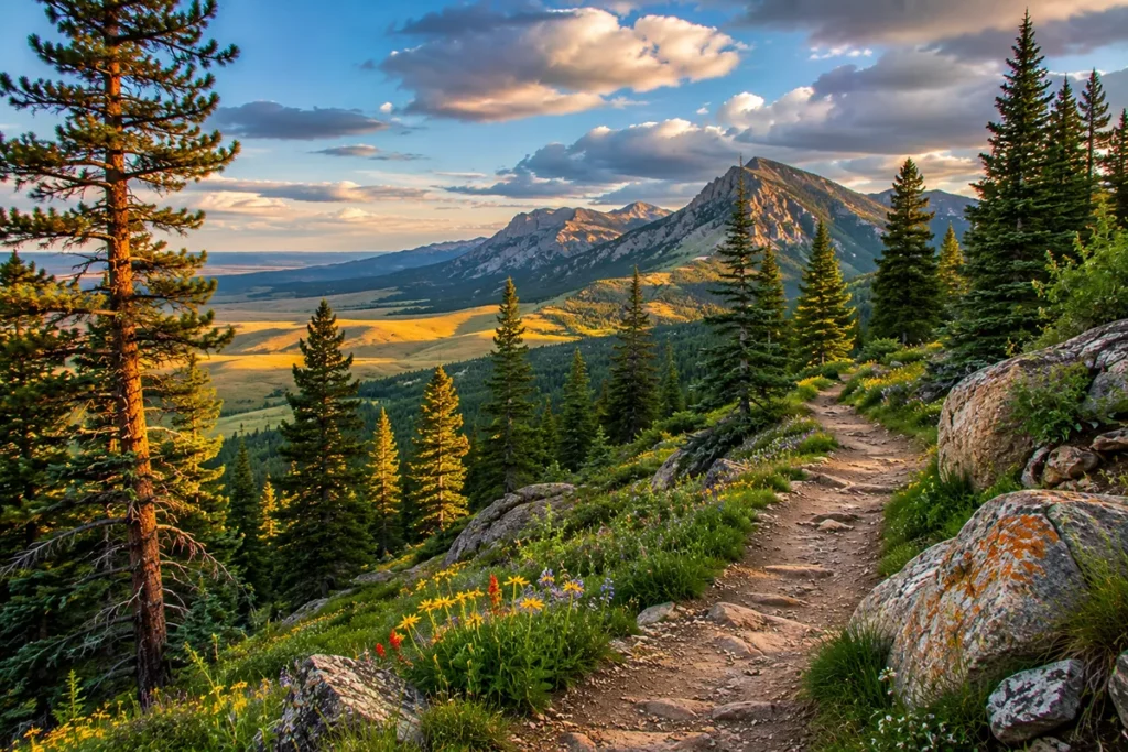 Late summer trail through the Highwood Mountains forest with prairie visible in the distance