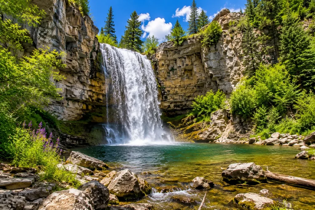 Lost Creek Falls dropping 50 feet from limestone cliff in Lost Creek State Park near Anaconda Montana