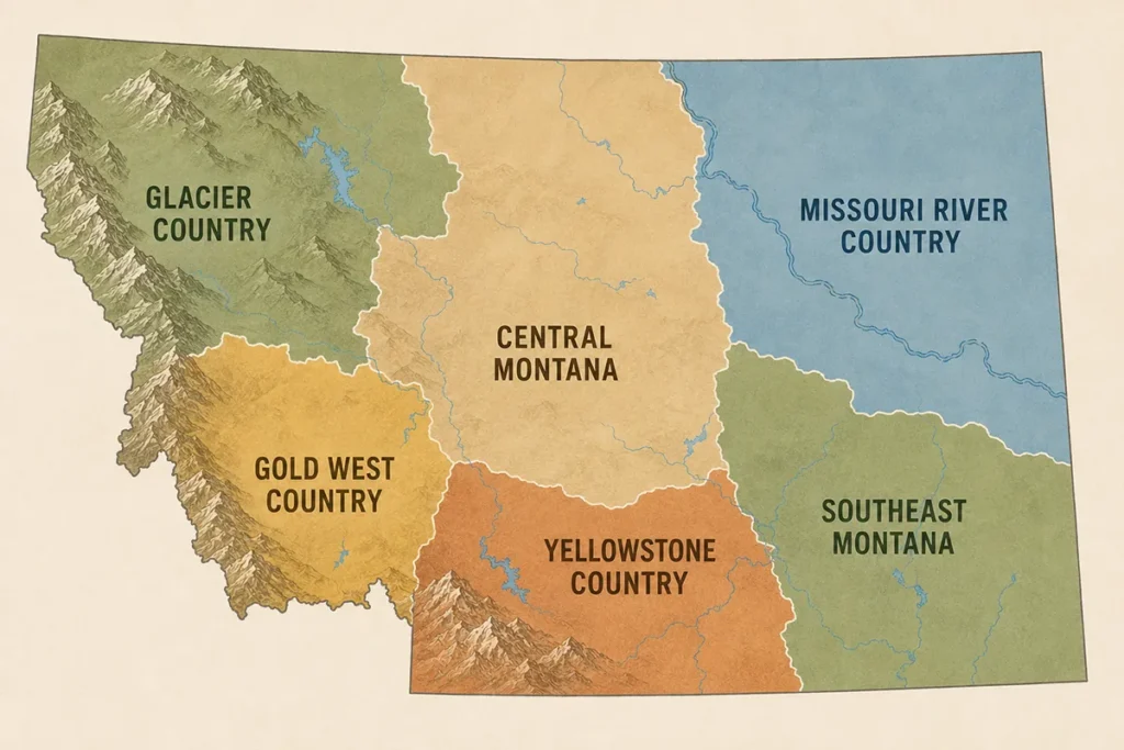 Montana tourism regions map showing Glacier Country, Gold West, Central Montana, Yellowstone Country, Southeast, and Missouri River Country