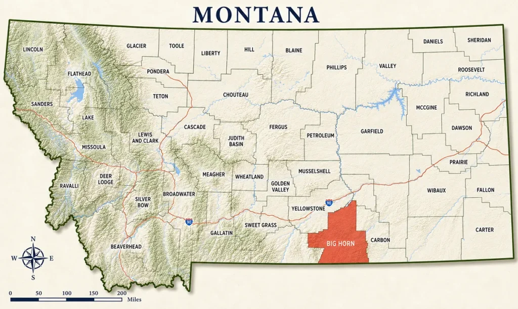 Map of Montana with highlighted Big Horn County
