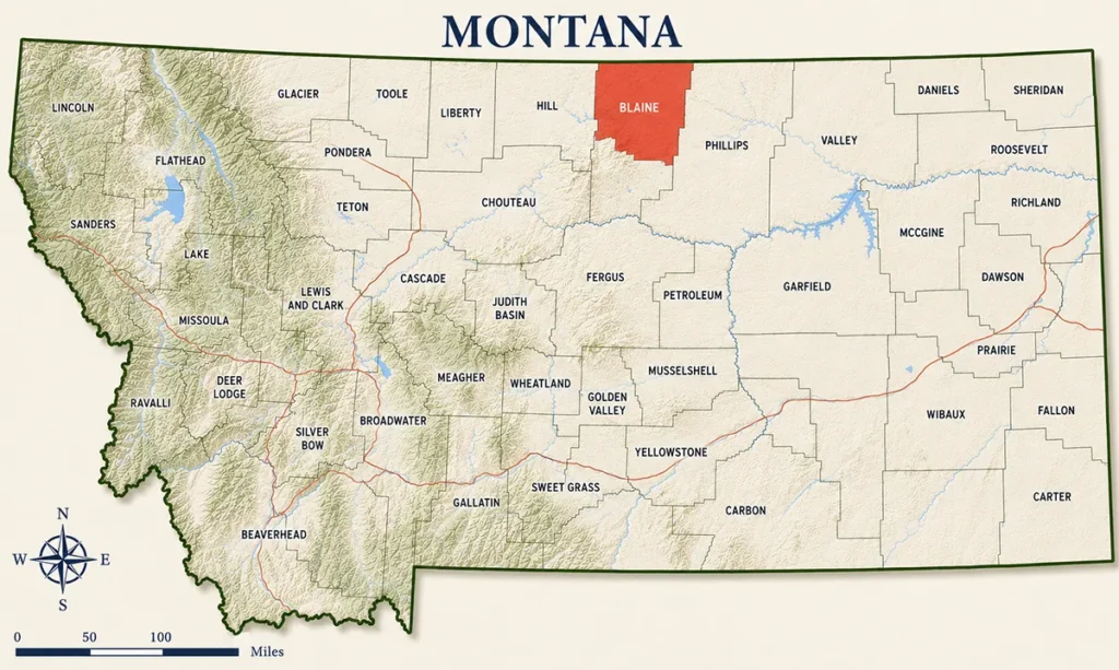 Map of Montana with highlighted Blaine County