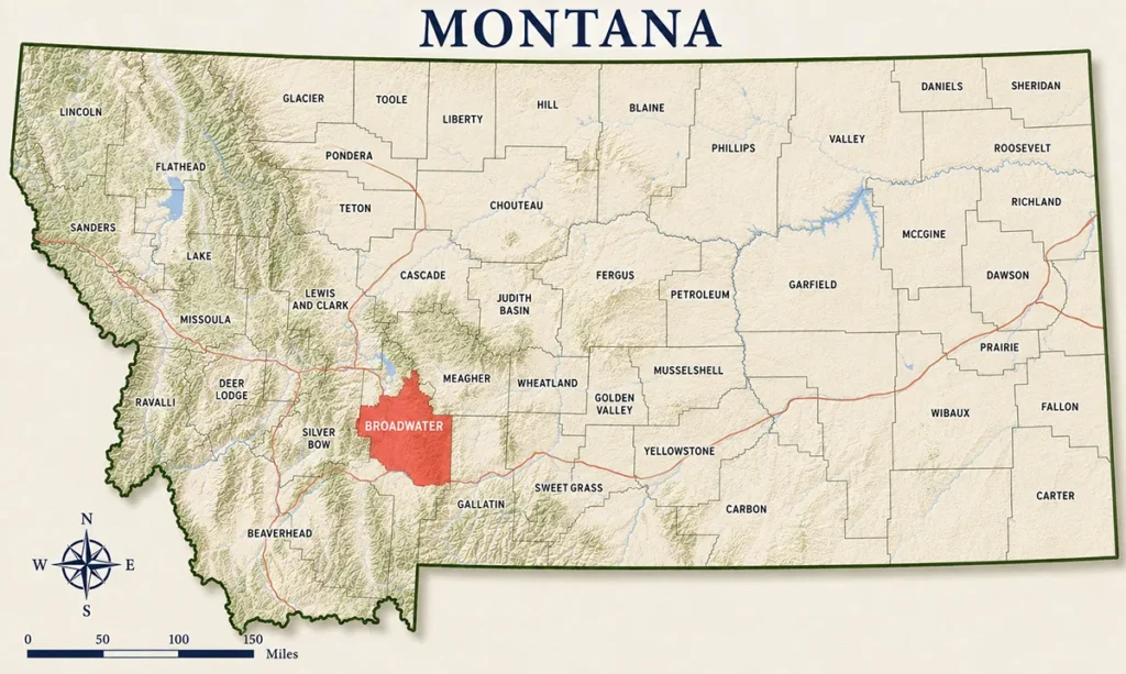 Map of Montana with highlighted Broadwater county