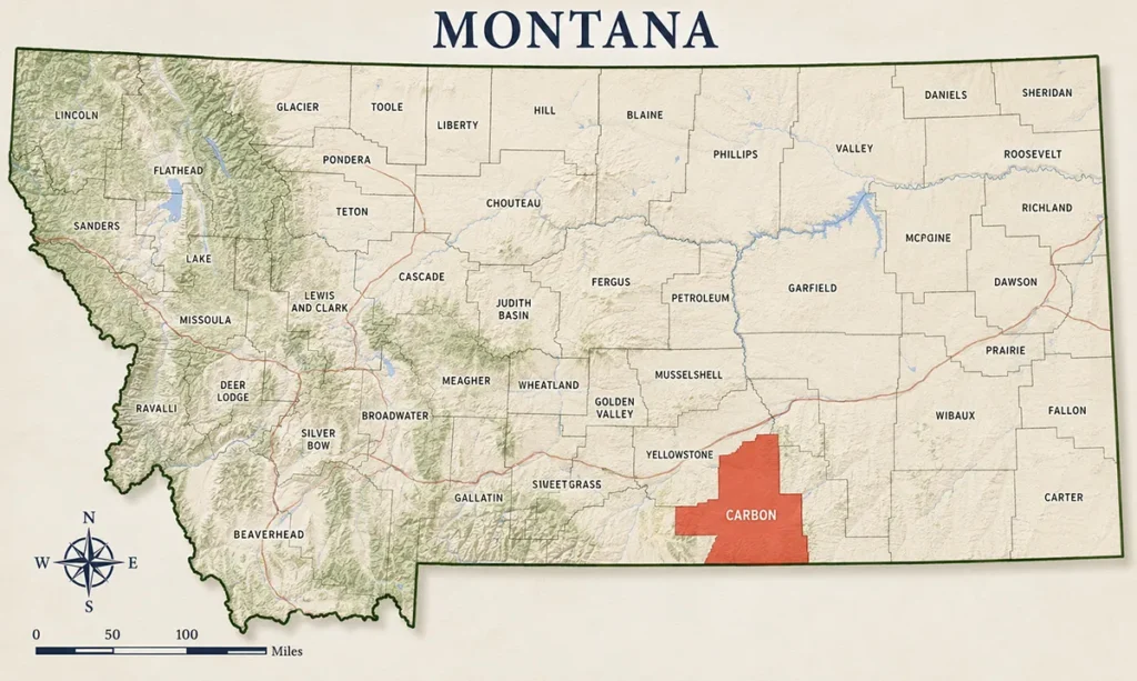Map of Montana with highlighted Carbon county