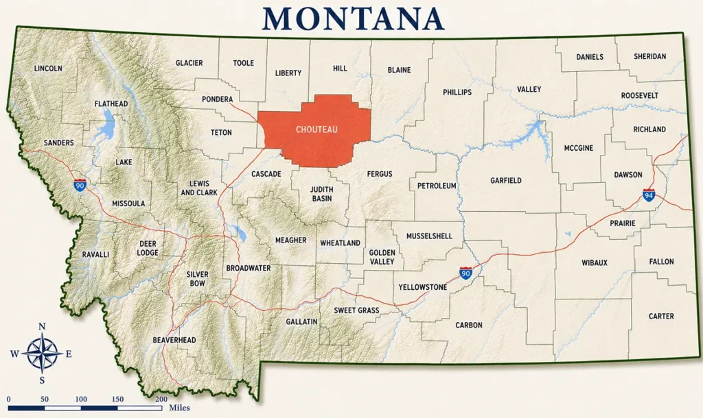 Map of Montana with highlighted Chouteau County