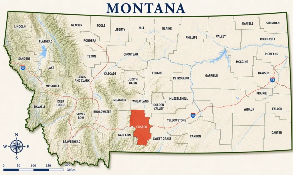 Map of Montana with highlighted Custer County