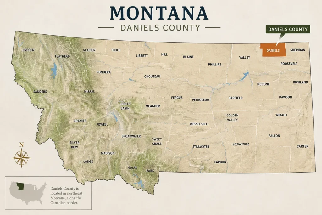 Map of Montana with highlighted Daniels County