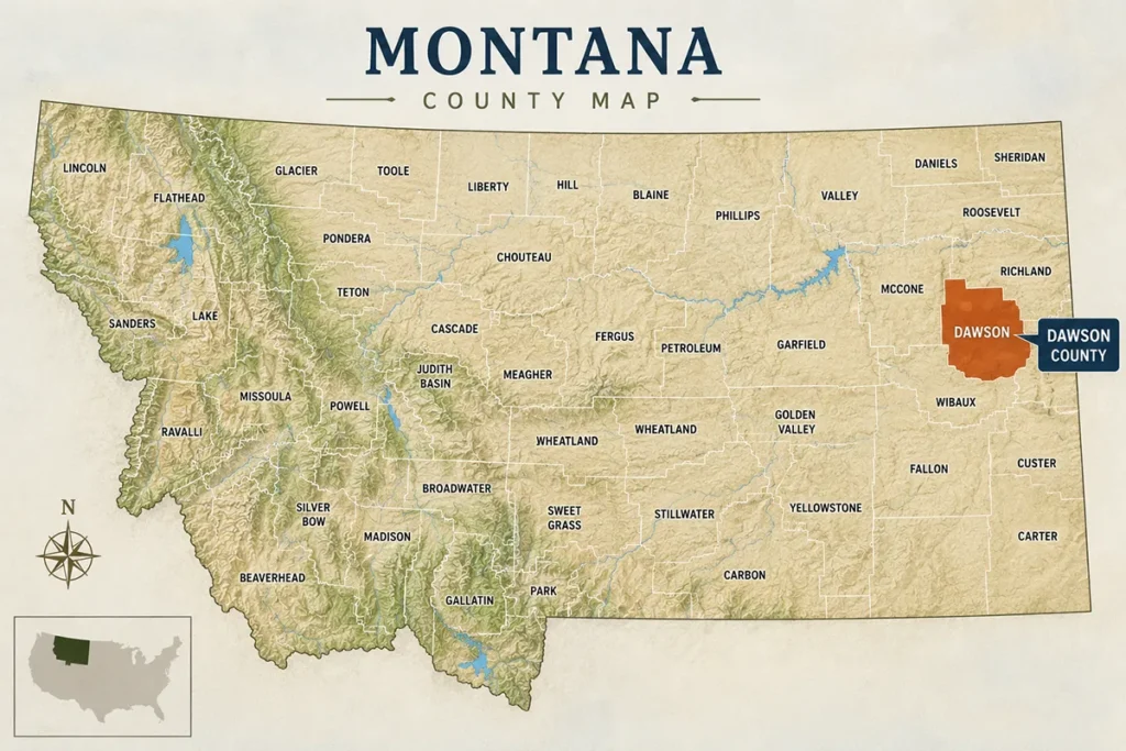 Map of Montana with highlighted Dawson County