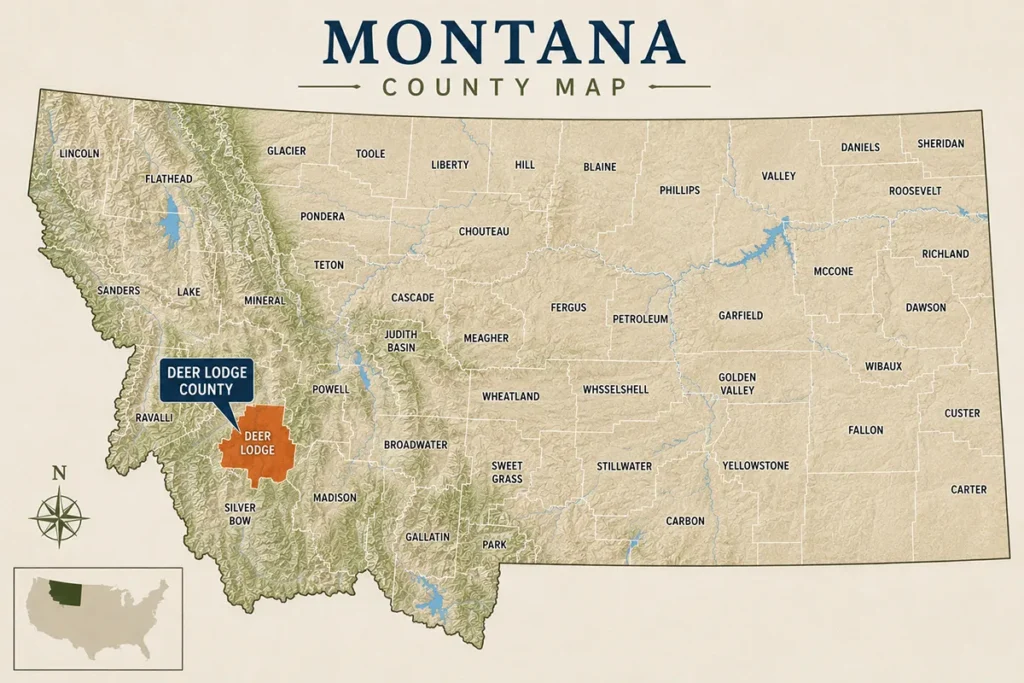 Map of Montana with highlighted Deer Lodge County