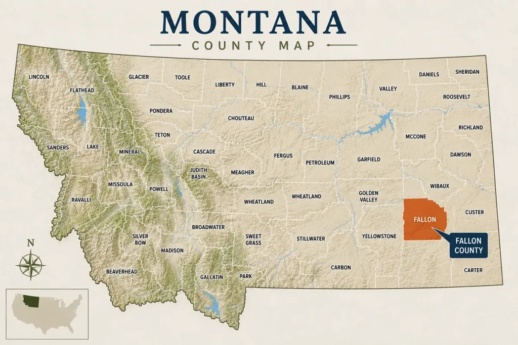 Map of Montana with highlighted Fallon County