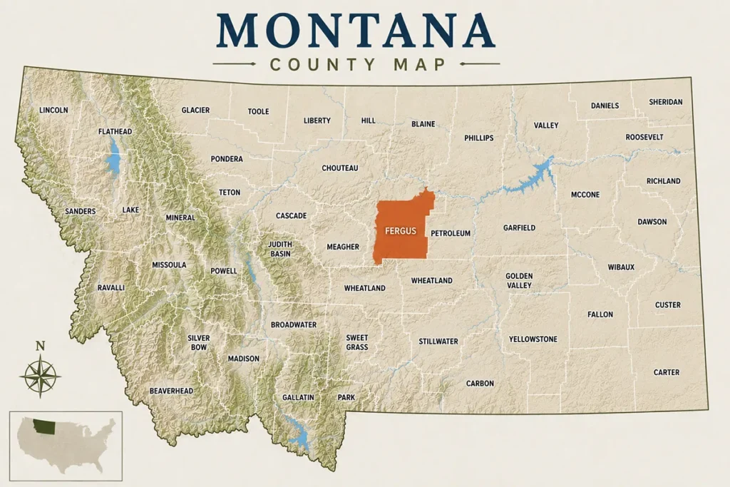 Map of Montana with highlighted Fergus County