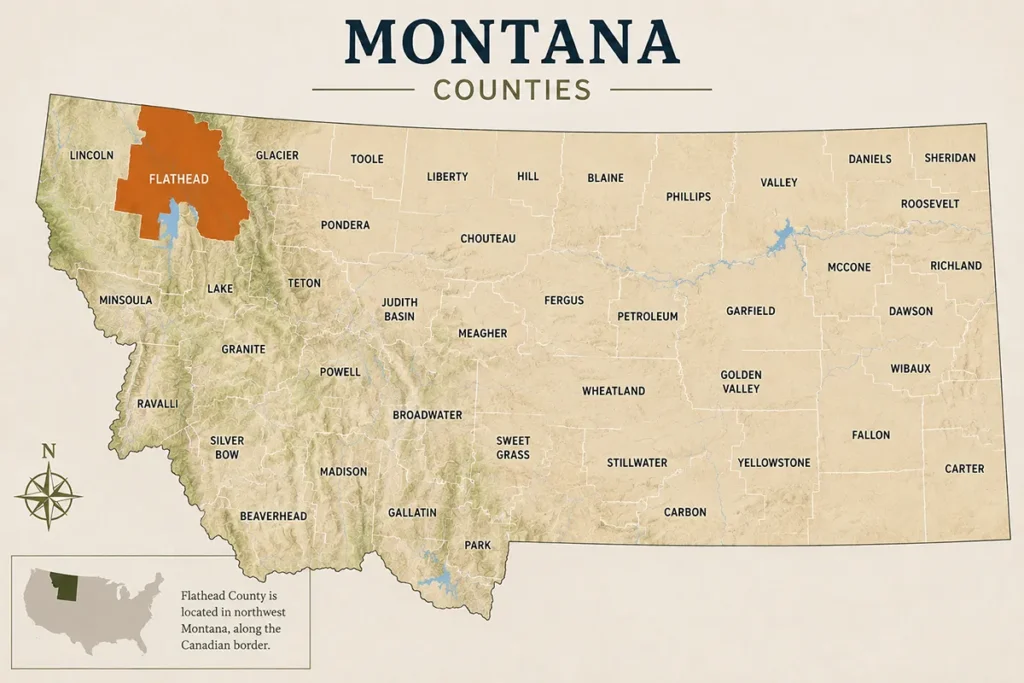 Map of Montana with highlighted Flathead County
