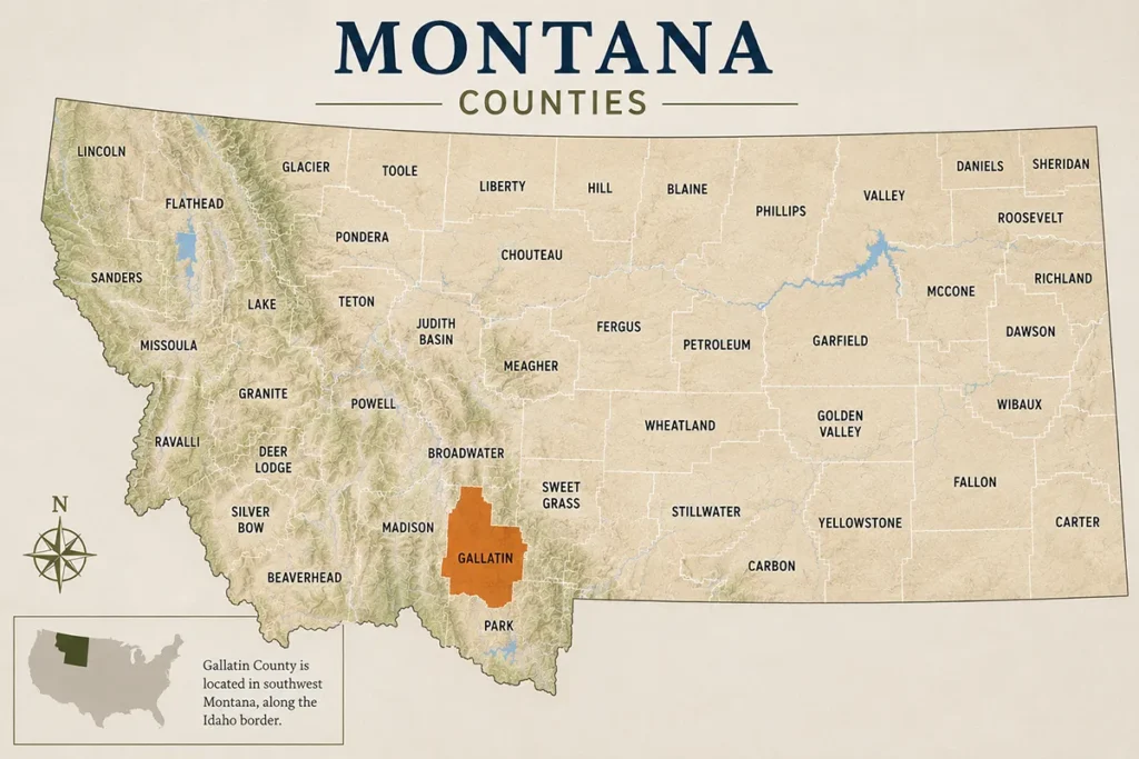 Map of Montana with highlighted Gallatin County