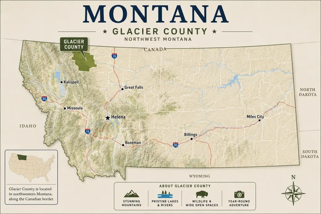 Map of Montana with highlighted Glacier County