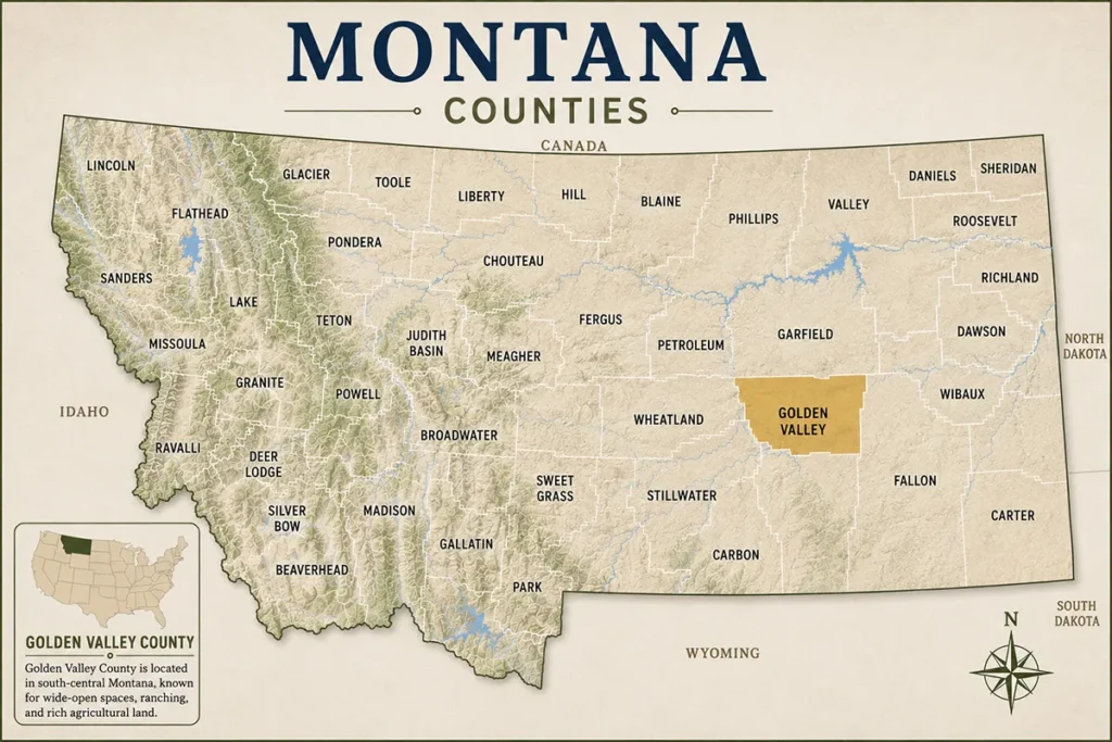 Map of Montana with highlighted Golden Valley County