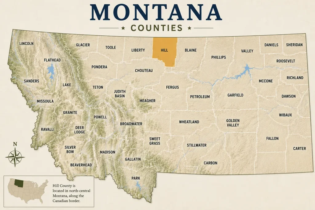 Map of Montana with highlighted Hill County