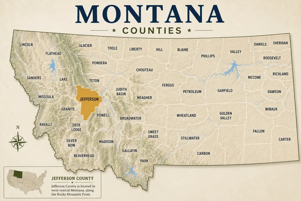 Map of Montana with highlighted Jefferson County