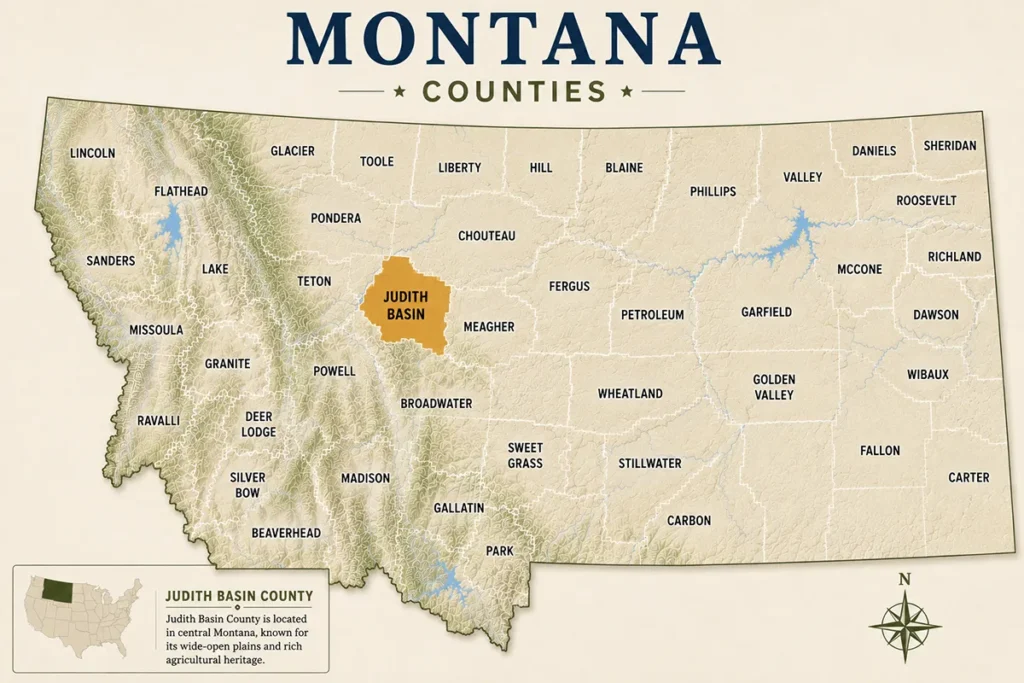 Map of Montana with highlighted Judith basin County