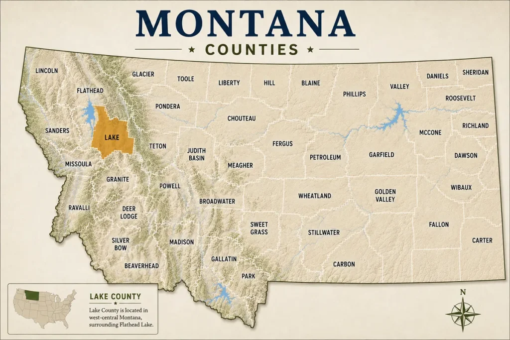 Map of Montana with highlighted Lake County
