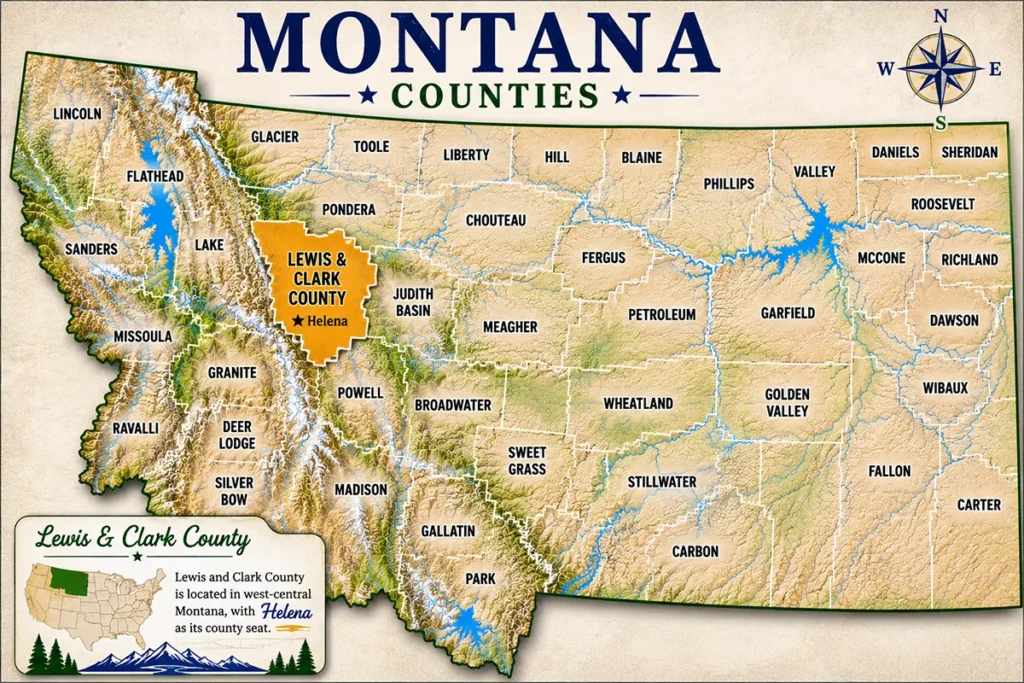 Map of Montana with highlighted Lewis and Clark County