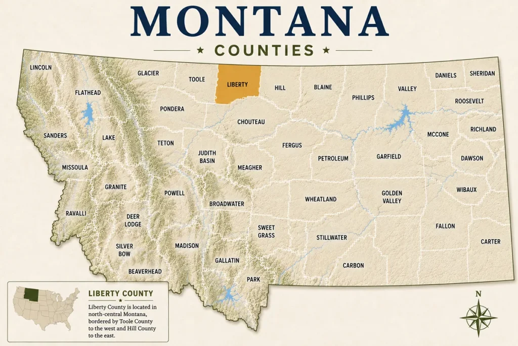Map of Montana with highlighted Liberty County