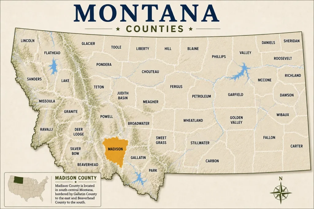 Map of Montana with highlighted Madison County