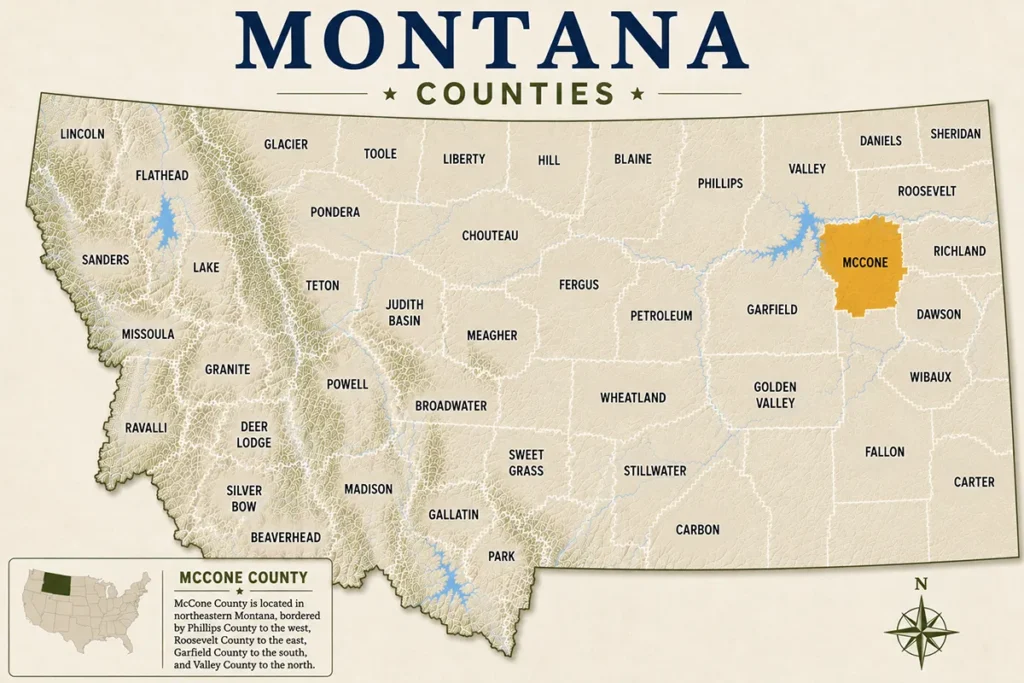 Map of Montana with highlighted Mccone County