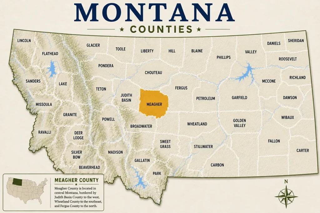 Map of Montana with highlighted Meagher County
