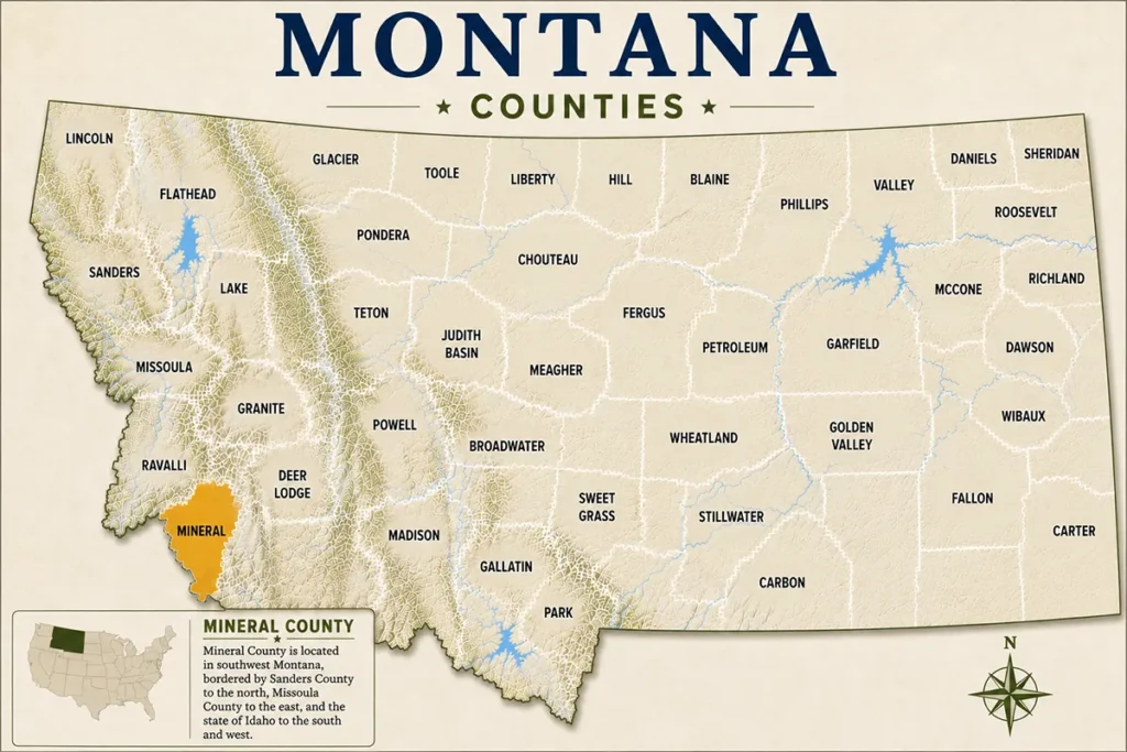 Map of Montana with highlighted Mineral County