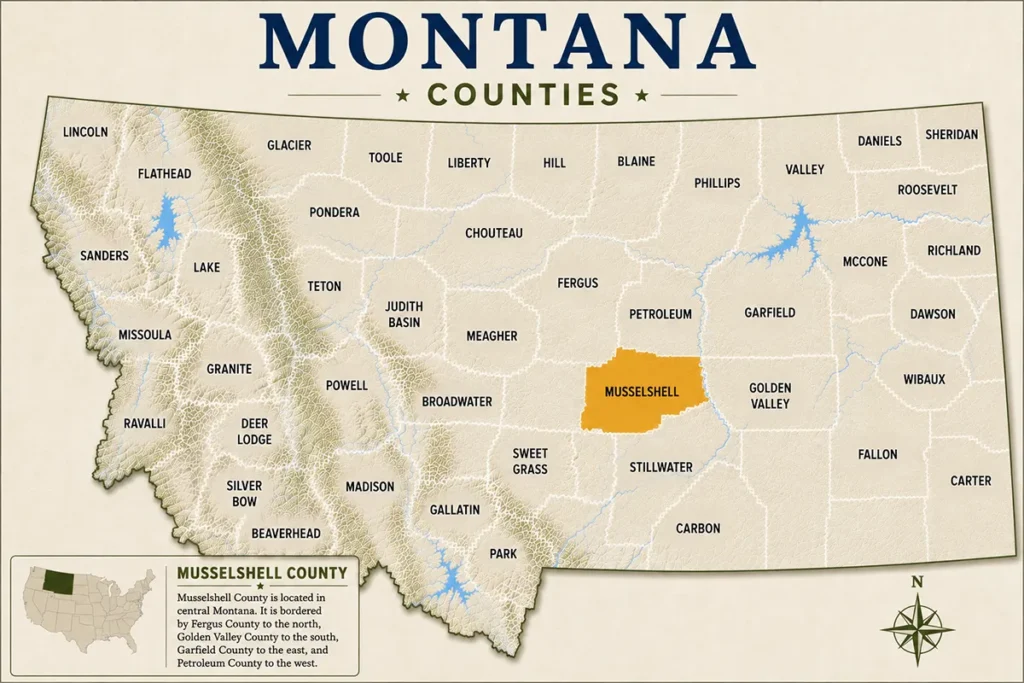 Map of Montana with highlighted Musselshell County