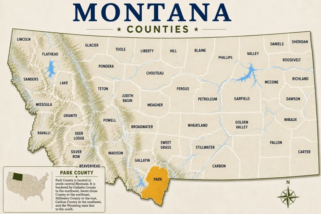 Map of Montana with highlighted Park County