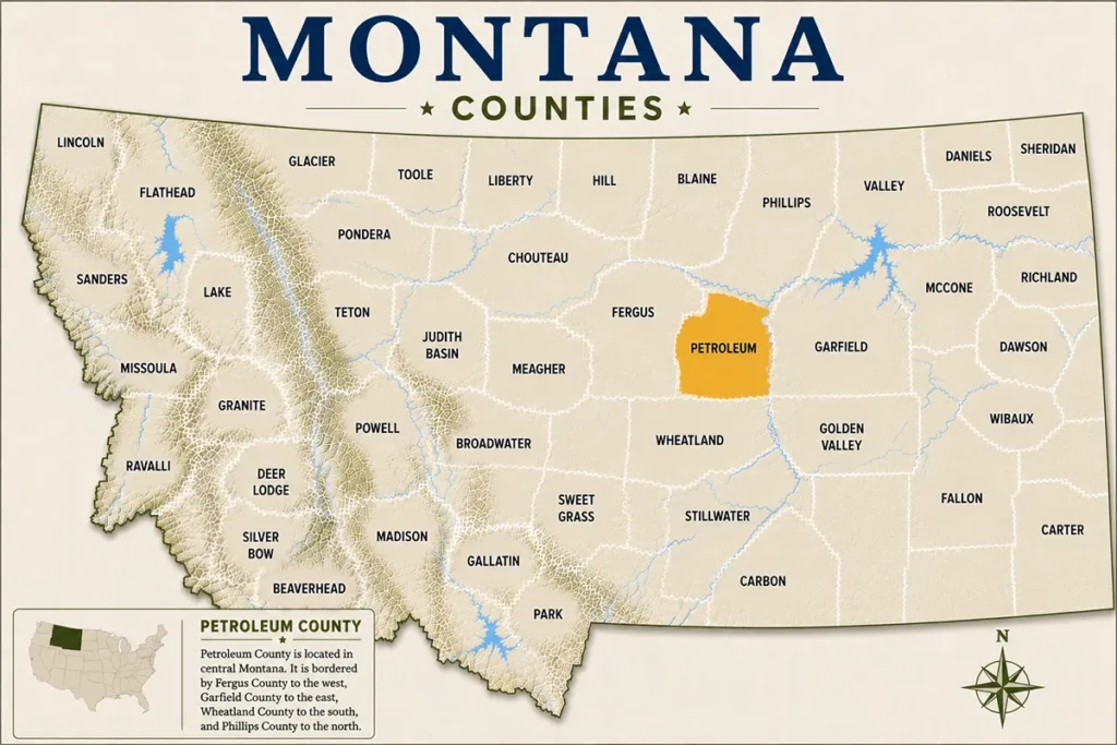 Map of Montana with highlighted Petroleum County