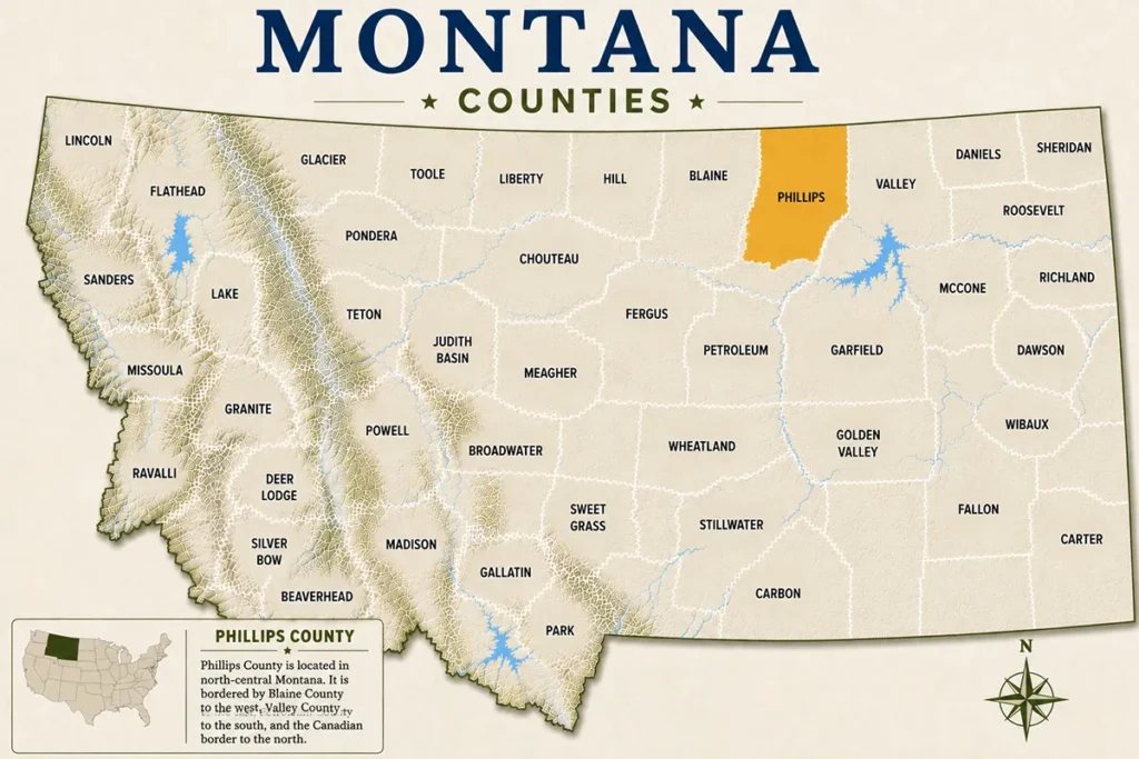 Map of Montana with highlighted Phillips County