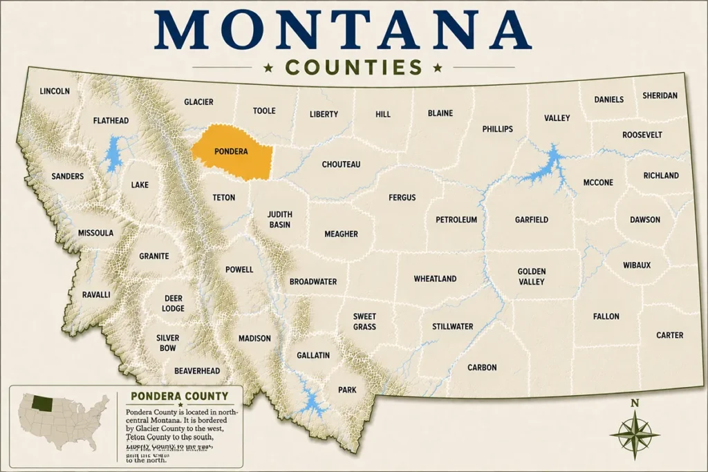 Map of Montana with highlighted Pondera County