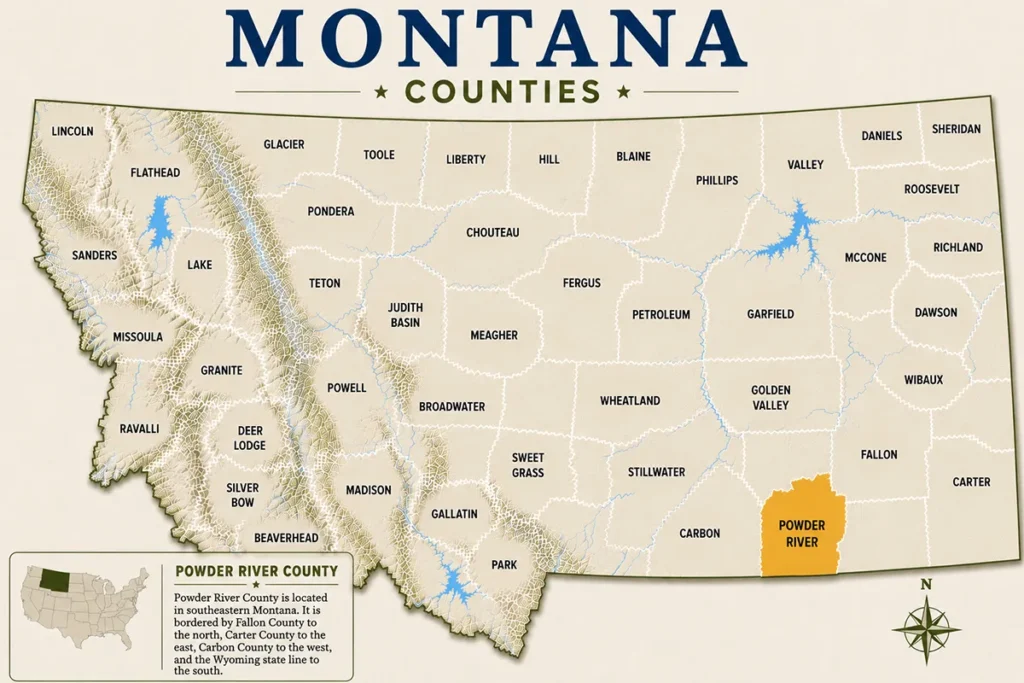 Map of Montana with highlighted Powder River County
