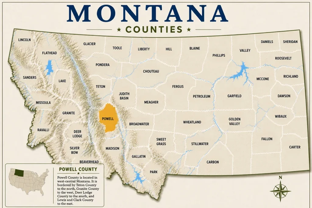 Map of Montana with highlighted Powell County