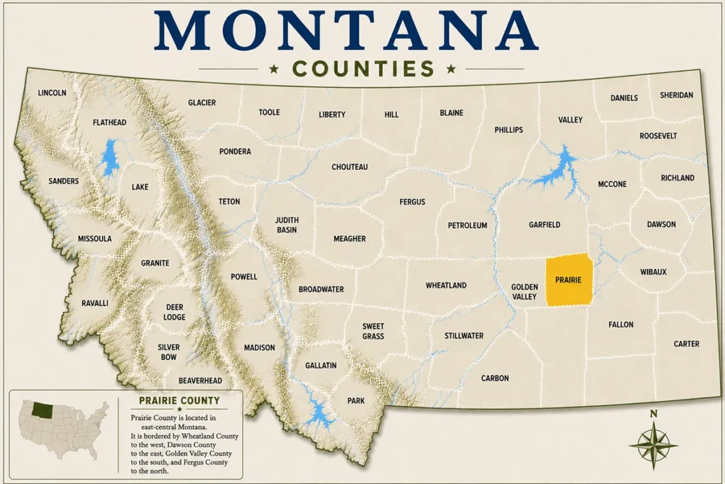 Map of Montana with highlighted Prairie County