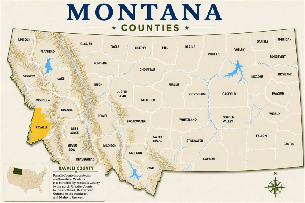 Map of Montana with highlighted Ravalli County
