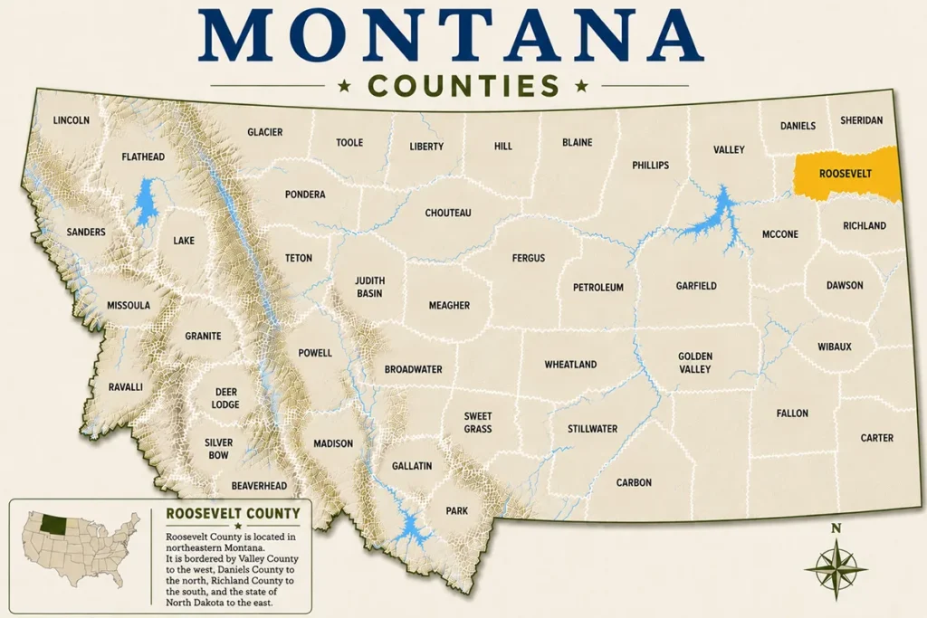 Map of Montana with highlighted Roosevelt County