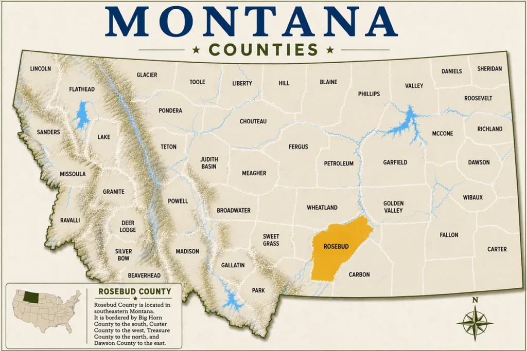Map of Montana with highlighted Rosebud County