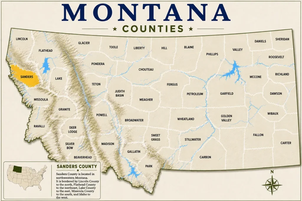 Map of Montana with highlighted Sanders County