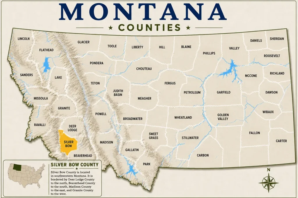 Map of Montana with highlighted Silver Bow County
