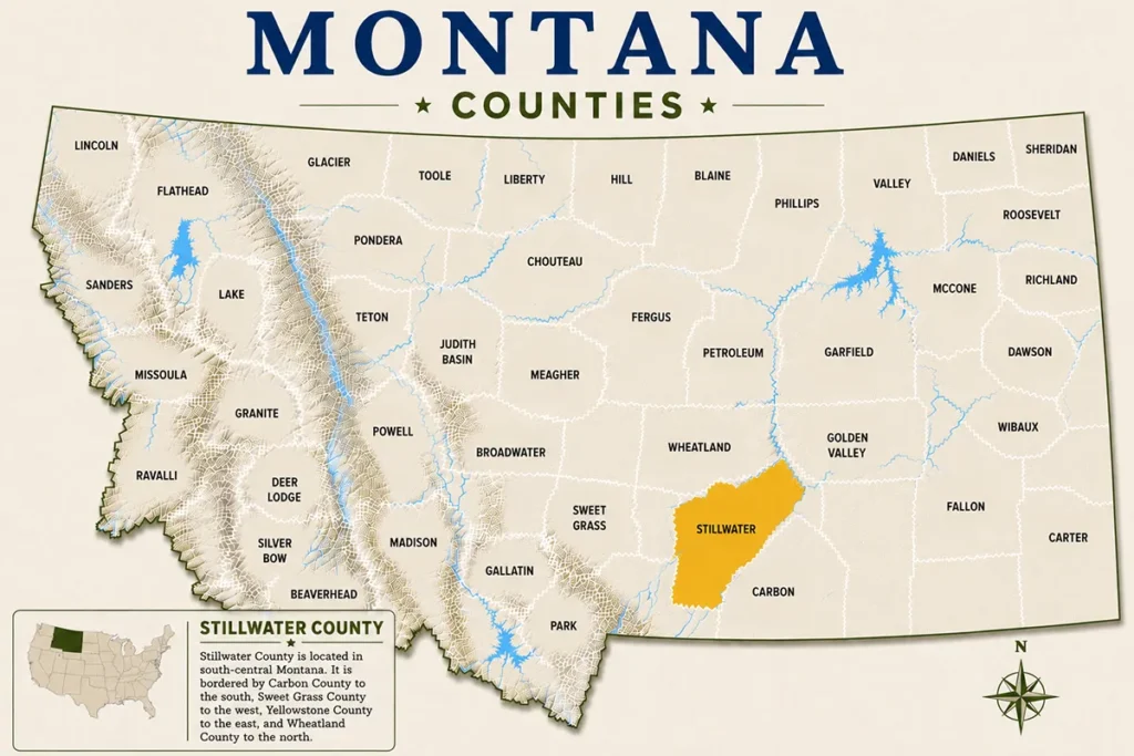 Map of Montana with highlighted Stillwater County