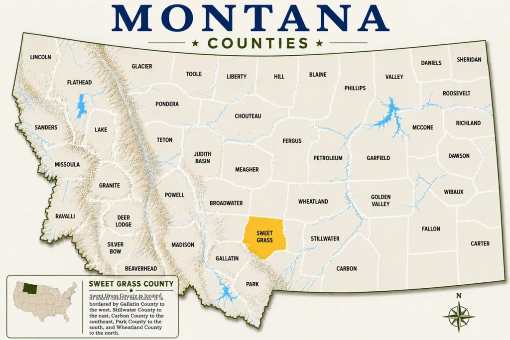 Map of Montana with highlighted Sweet Grass County