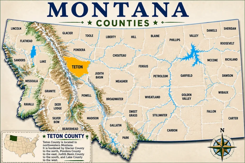 Map of Montana with highlighted Teton County
