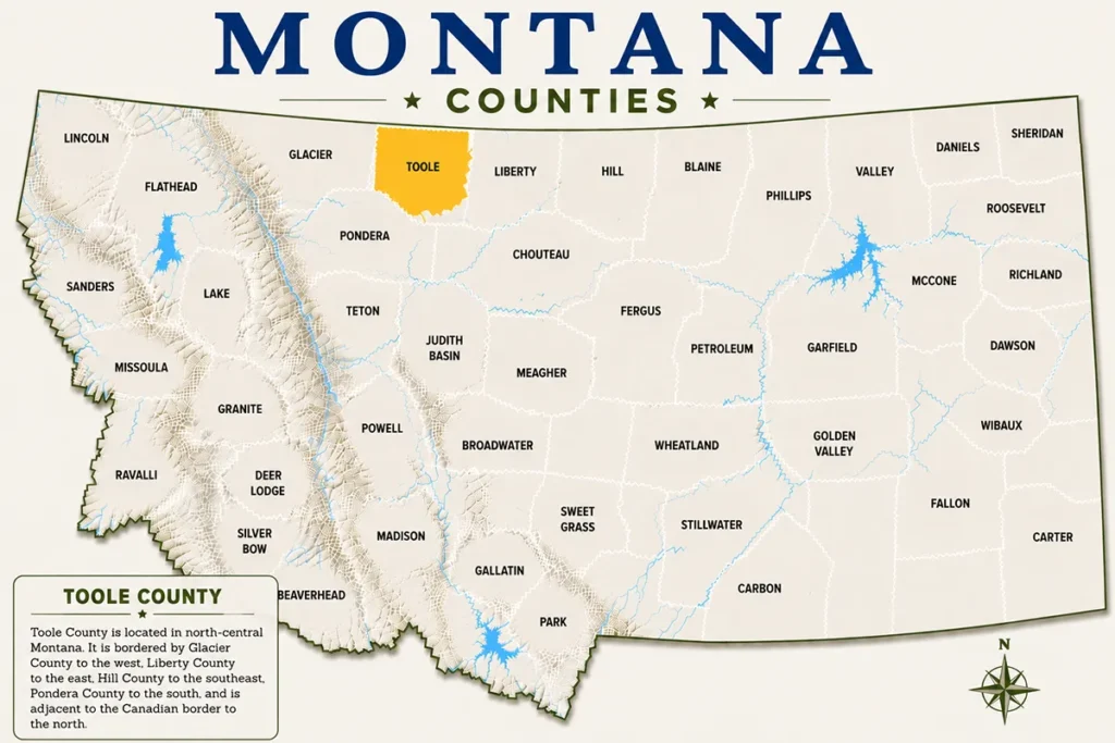 Map of Montana with highlighted Toole County