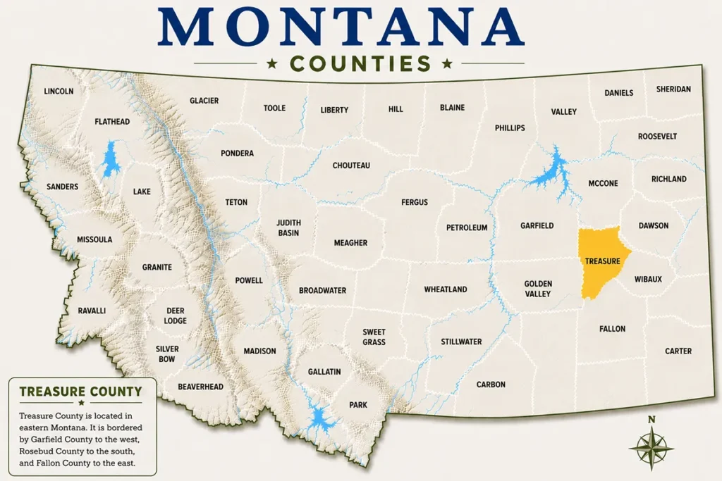 Map of Montana with highlighted Treasure County