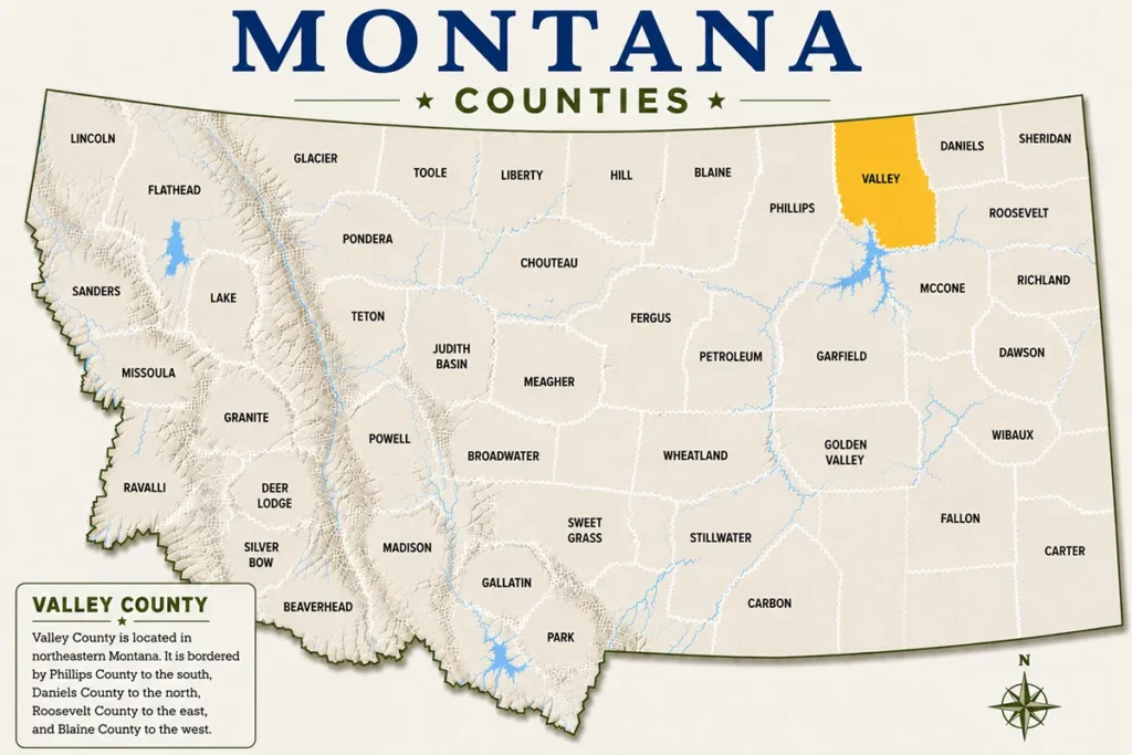 Map of Montana with highlighted Vally County