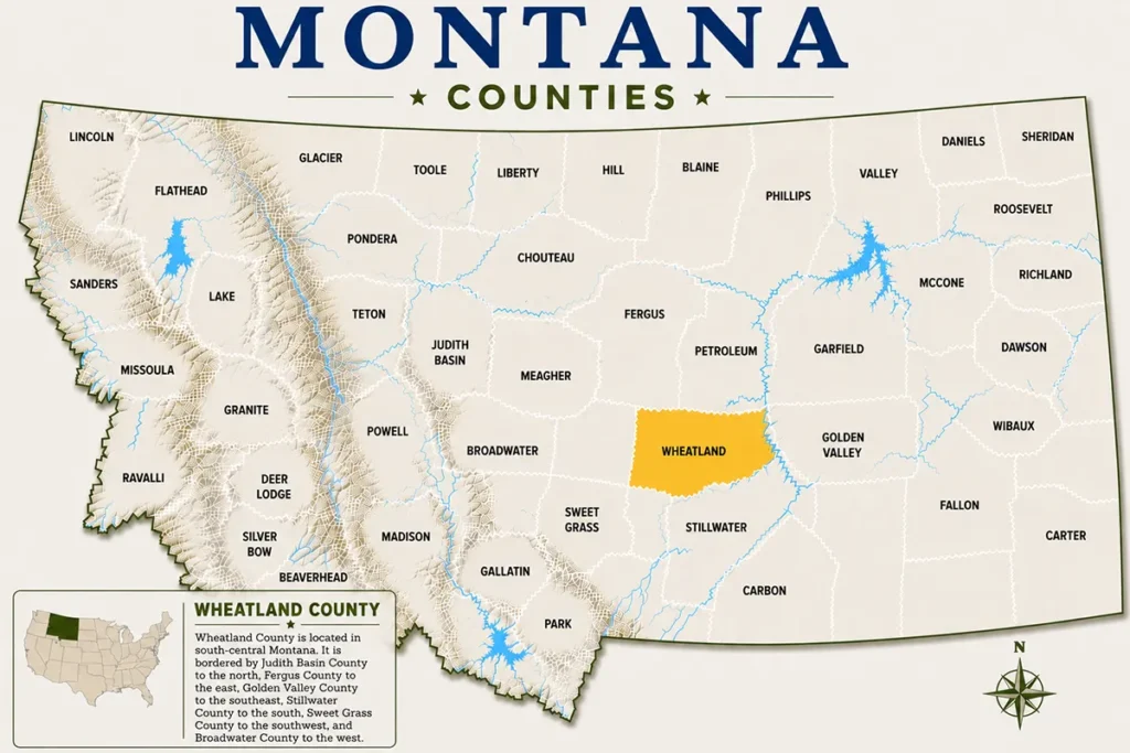 Map of Montana with highlighted Wheatland County
