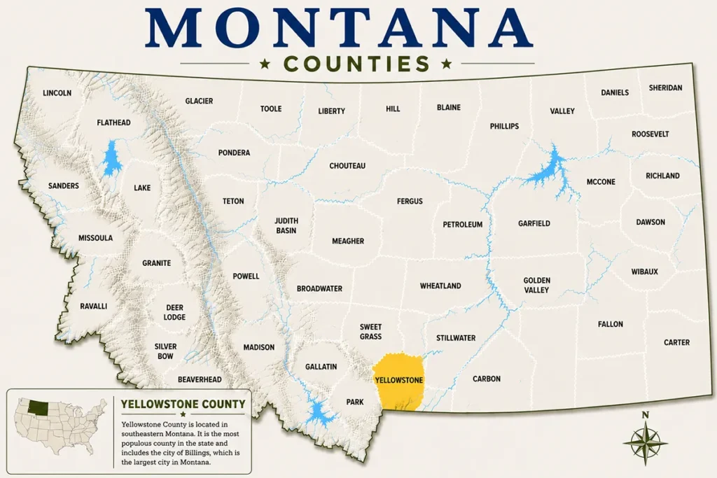 Map of Montana with highlighted Yellowstone County