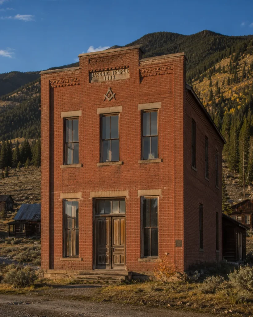 Brick Masonic Lodge building from 1898 in Marysville Montana ghost town